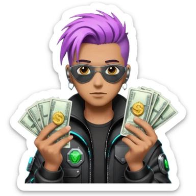 Cyber punk man holding money sticker