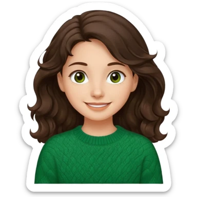 Una chica güera con pelo ondulado, café oscuro, largo, ojos cafés oscuros y con suéter o camisa verde sticker