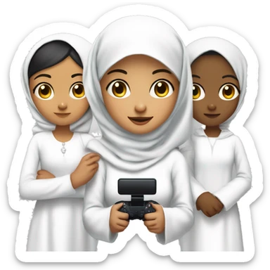 an olive skinned woman wearing hijab with white hijab and white long formal clothes. with black eye and big eye small nose small mouth with a bit long chin . with her nephew and niece . holding a controller playstation. so many actions family members  sticker