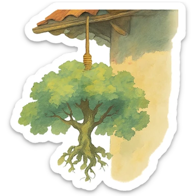 ghibli style illustration of a tree hanging from a roof, soft colors, whimsical sticker
