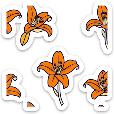 Artistic Japanese tiger lily (oniyuri) flower with stylized composition reminiscent of kimono patterns, orange recurved petals with black spots, gold accents, on indigo background sticker