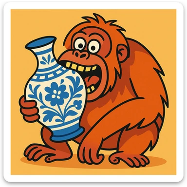 humorous style orangutan biting a blue and white china vase sticker