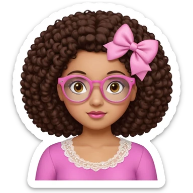 medium-light kinned afro-latina girl with medium length chocolate brown side part curly hair, small pink bow, brown glasses, brown eyes, pink and white sweetheart necklined top with lace, round wide-ish nose, chubby oblong face sticker
