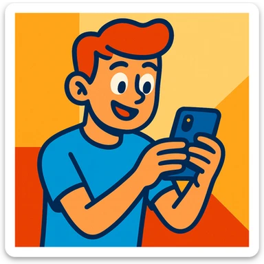 un chico con un celular en su mano, estilo cartoon colorido sticker