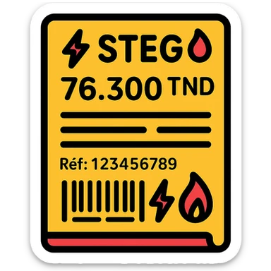 flat clean vector icon of a Tunisian STEG bill, bordered paper, text '⚡STEG🔥' at top, amount '76.300 TND', barcode, reference line 'Réf: 123456789', horizontal lines for details, electricity and gas icons, modern clear Tunisian-inspired, no background sticker