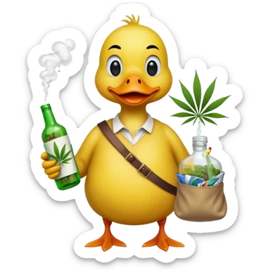 Drunk and high duck animal holding wĺeed bottle and a bag of weed. Looking really drunk sticker