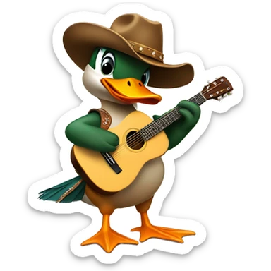 a mallard duck wearing a cowboy hat and playing an acoustic guitar  sticker