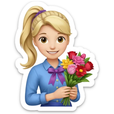 Young female florist – ponytail, holding a bouquet with ribbon sticker
