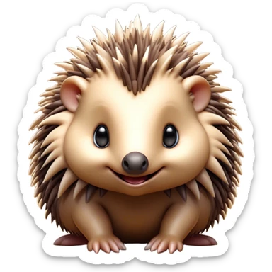 Cinematic Cute Echidna Portrait Emoji, Head tilted playfully and inquisitively, featuring a fuzzy, spiky fur with an adorably scrunched face and a cute, pointed snout, round, sparkling eyes filled with gentle curiosity, Simplified yet irresistibly adorable features, highly detailed, glowing with a warm, friendly glow, high shine, affectionate and quirky, stylized with a touch of natural whimsy, bright and endearing, soft glowing outline, capturing the essence of a mischievous yet loving echidna, so playful it feels like it could nuzzle out of the screen into your arms! sticker