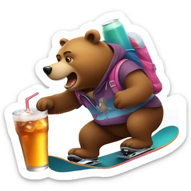 Bear riding a snowboard drinking a soda  sticker