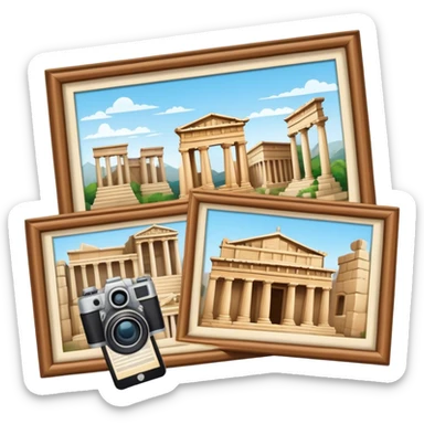 Icon for Historical and Cultural Tourism: iconic landmarks like ancient ruins, a museum and a historical monument, with a travel guidebook and camera. The icon should capture the exploration of history and culture. Transparent background. sticker