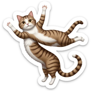 dark brown tabby and white cat with doing a big extremely long stretch reaching up into the air with arms and legs side by side together straight and overextended whilst lying on its side sticker