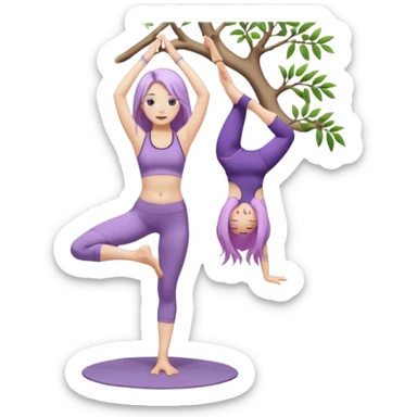 Девушка белокожая, с длинными светло-фиолетовыми волосами, в одежде для йоги, стоит в позе дерева на одной ноге, вторая нога согнута, руки вверху ладонь к ладони, в стиле бимбо пилатес, без лишних конечностей, без деревьев на фоне sticker