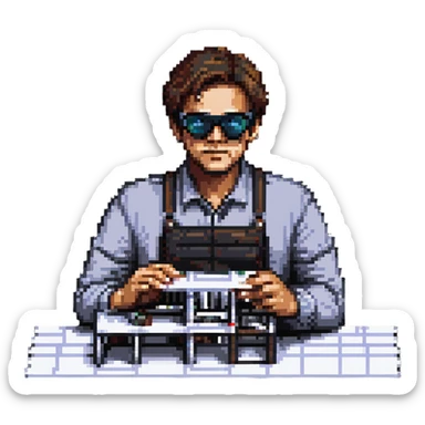 architect man making a model of a building wearing protective glasses sticker