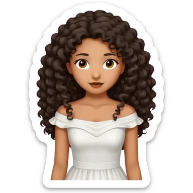Dark tanned skin girl with very dark brown very big long curly hair, very dark Asian eyes, white dress at boatneck neckline   sticker