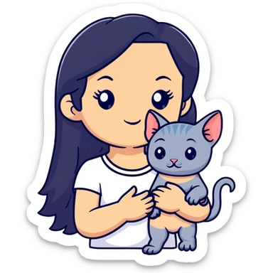 beautiful girl with long black hair holding a hairless sphinx cat sticker