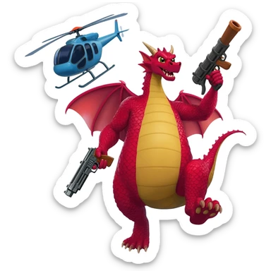 Dragon holding gun bat money bazooka riding a helicopter sticker
