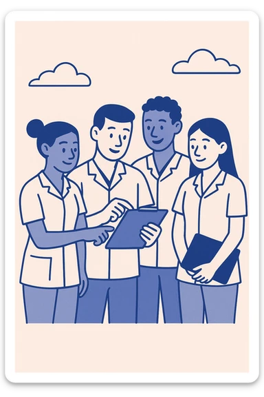 groupe de quatre étudiants infirmiers, blouses blanches manches courtes, sans accessoires, en train de collaborer, flat design épuré sticker