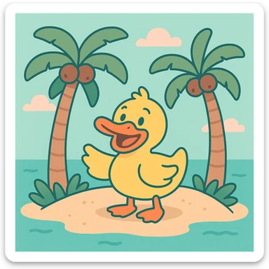 cartoon duck on a tropical island with two coconut trees, pastel colors, soft shading, pastel toon style sticker