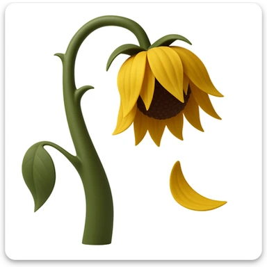 Replace the red rose with a wilted yellow sunflower, keeping the same frame, pose, and style as the original image. The stem and leaf remain unchanged. The flower head should be a sunflower with yellow petals and a brown center. The fallen petal should also be yellow, matching the sunflower. Maintain the original style and composition as closely as possible. sticker