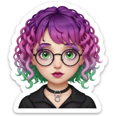 . Gothic girl with pink to violet ombré ringlet curly hair, bangs round glasses, septum piercing, nostril piercing, almond eyes, blueish green eyes,heavy eyeliner,  sticker