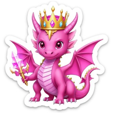 cute pink dragon queen, dark fantasy style, glowing red and pink eyes, magic lightning aura, royal crown, epic powerful pose, bold outline, transparent background, twitch badge sticker