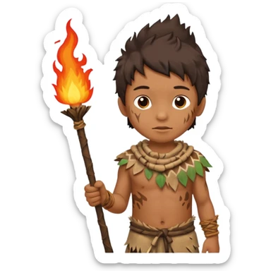 ancient boy, tattered animal skin cloth, hold fire stick sticker