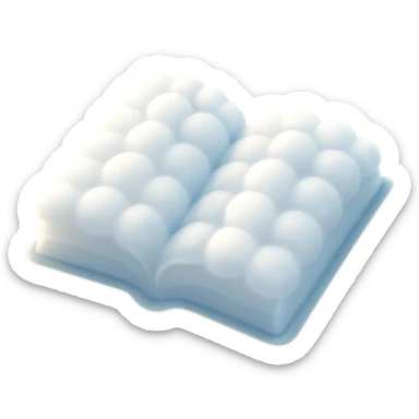top view of a thick open book made entirely of small, very bright white fluffy convex clouds, matte glass style sticker