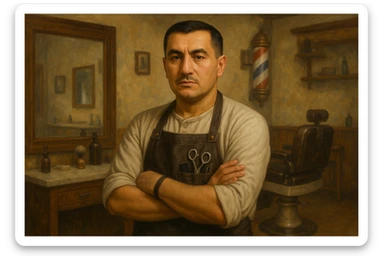 huddi shu odamni qariroq va soqolsiz tasvirlab ber o'zgartirib realistik qilib orqa fon sartaroshxona belidan sal pastroqqacha uzbek sartaroshi juda ham qari emas lekin yosh ham emas sticker