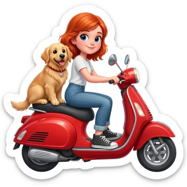 Red hair girl on red scooter with golden retriever on back sticker