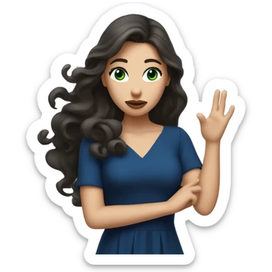 a brunette with long hair and green eyes and in a dark blue dress sends an air kiss sticker