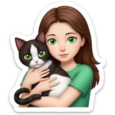 Girl with brown hair and green eyes hugging a black and white cat sticker