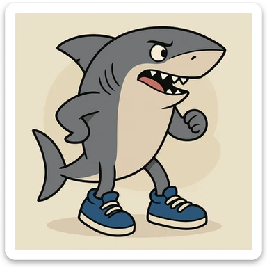 a shark wearing blue shoes, clean modern cartoon style, not chibi sticker