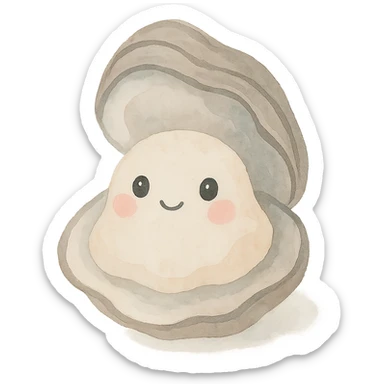 cute oyster, cream color, pink cheeks, doe eyes, greige shell, watercolor art style sticker