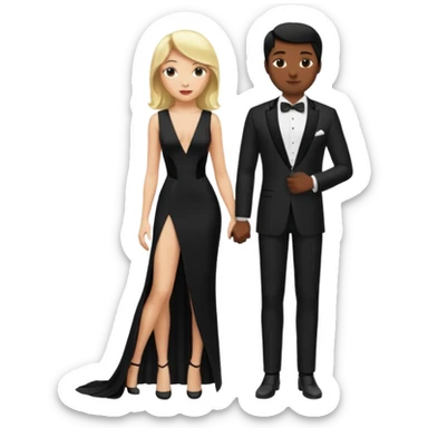 Blonde woman, black, Long, tight, sleveless Dress, Slot left Leg, man, black Hair, in Dinner jacket sticker