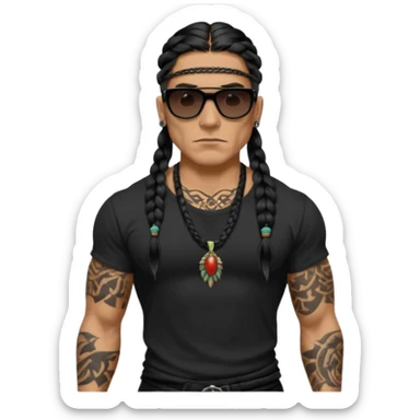 Native American/Spanish male. 
Untucked loose fitting black t-shirt. 
long black braided hair.
very muscular.
Even More tattoos. 
Tough and menacing.
Dark black square sunglasses. sticker