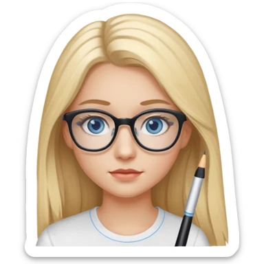 Fille 20ans qui a des cheveux long et blond  avec des lunettes et des yeux bleu- gris avec du mascara sur les yeux et un haut blanc sticker