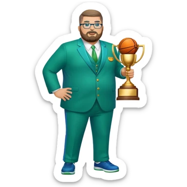 full body white obese male basketball coach with trophy. Goatee beard , Wearing glasses and blue and green suit sticker