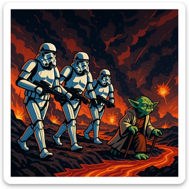 vector art of a Starwars stormtroopers is walking on lava planet with yoda, battleground background 
 sticker