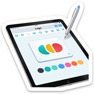 digital screen showing a basic logo being edited, with vector handles and a color palette sticker