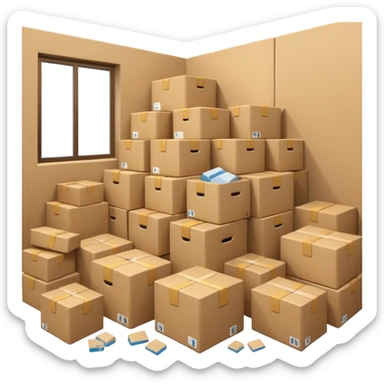 Generate a realistic emoji-style of a overfilled storage room where the packages dont have much space and everything seems chaotic sticker