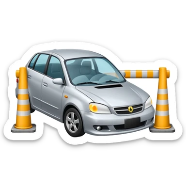 car crashed to a trafic barrier barrier in front of car and car front panel broken sticker