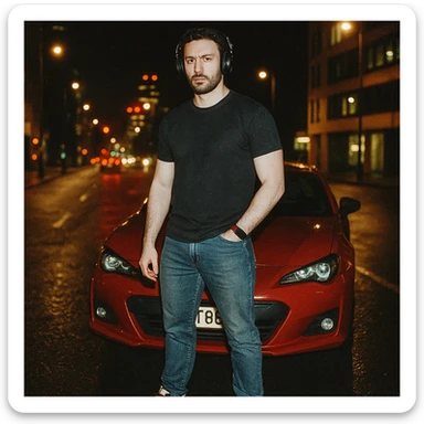 Grunge-style analog photo, London 2025, person inspired by the reference image standing in front of a Nissan GT 86, model pose, black t-shirt, jeans, Nike Air Jordan low, using flash, city lights, analog grain, 8/8. sticker