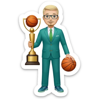 Full Body white male plus size wearing glasses with a goatee with light blonde and gray very short hair happy basketball head Coach in blue and green suit holding trophy sticker