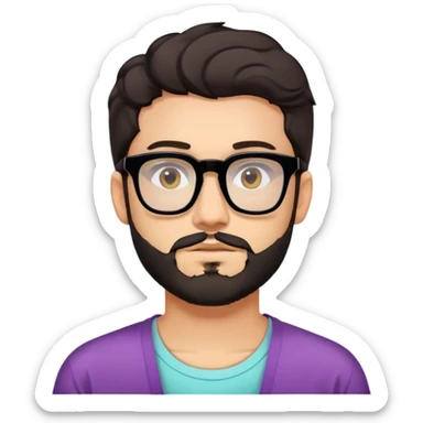 young adult man with light skin, short beard, dark wavy hair, relaxed expression, very wide rectangular glasses with thick black acetate frame and thick double bridge, retro oversized style, colorful open shirt and white t-shirt sticker