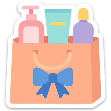 Gift bag with beauty products (shampoo, creams, styling products), a gift bag is beautyful open box full of luxury brand-labeled beauty products sticker