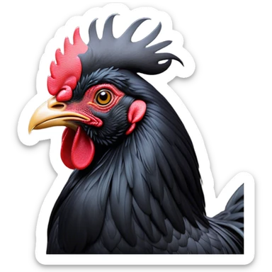 Cinematic Noble Black Rooster Portrait Emoji, Poised and regal, with a robust, commanding build and a sleek, well-groomed pure black plumage, deep-set soulful piercing eyes, Simplified yet sharp and sophisticated features, highly detailed, glowing with a soft, dignified glow, high shine, intelligent and proud, stylized with an air of mysterious majesty, focused and attentive, soft glowing outline, capturing the essence of a watchful and confident leader, so majestic it feels as though it could crow out of the screen with effortless authority! sticker