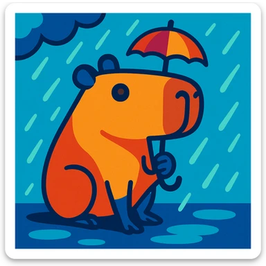 capybara holding a tiny umbrella in the rain, style 3, vibrant toon style sticker