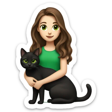 Girl with long brown hair and brown eyes holding a black green eyed cat sticker
