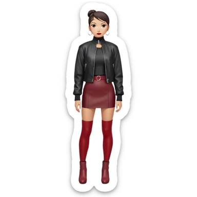 Full-body shot of an East Asian woman with a low sleek bun. Oversized black leather jacket that reaches the hips, black turtleneck, silver orb necklace. Red leather mini skirt, burgundy tights, and red long boots. Clean, fashion-editorial look. sticker